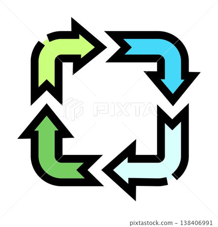 Recycling symbol arrows forming a continuous loop process Recycling symbol arrows forming a continuous loop process 138406991
