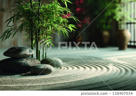 A serene zen garden featuring bamboo, rocks, and raked sand evokes a sense of calm and spiritual peace. The minimal design promotes relaxation and mindfulness 138407034