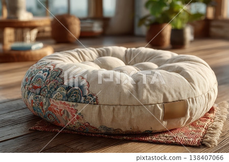 A meditation cushion rests on a decorative rug, creating a peaceful and comfortable space for mindfulness and relaxation. This setting encourages wellness and quiet contemplation 138407066