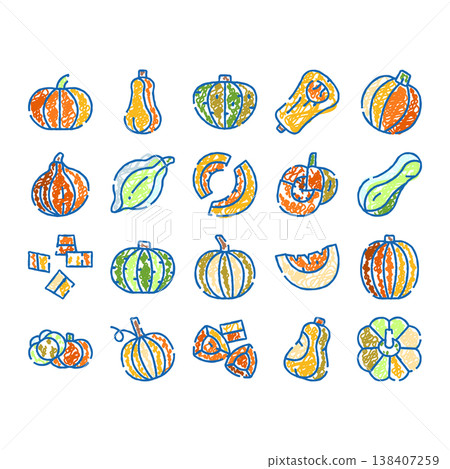 Pumpkins and squash mix colorful doodle collection Pumpkins and squash mix colorful doodle collection 138407259