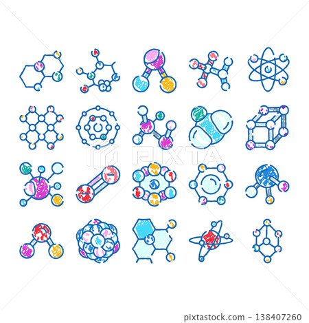 Hand drawn chemical molecules atom science icons Hand drawn chemical molecules atom science icons 138407260