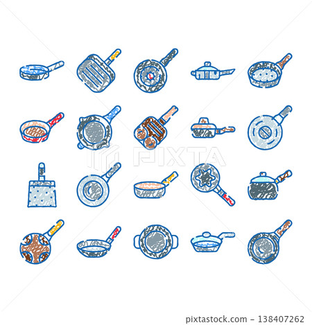 Hand drawn kitchen frying pans doodle collection Hand drawn kitchen frying pans doodle collection 138407262
