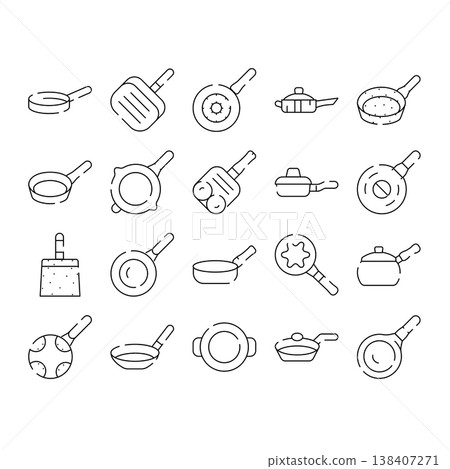 Frying pans and skillets kitchen cookware items line icons Frying pans and skillets kitchen cookware items line icons 138407271