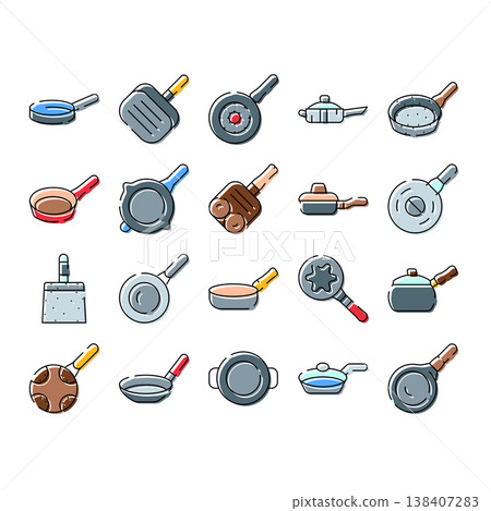 Frying pans and kitchen cookware cooking utensils icons Frying pans and kitchen cookware cooking utensils icons 138407283