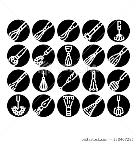Kitchen whisking and mixing tools icon set 138407285