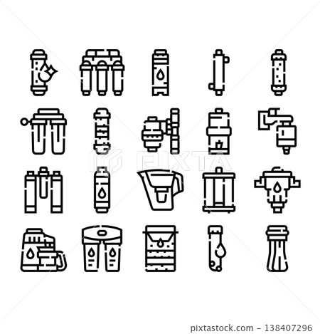 Water filtration systems and purification process icons set Water filtration systems and purification process icons set 138407296