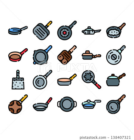 Cooking pans and kitchen cookware collection icons Cooking pans and kitchen cookware collection icons 138407321