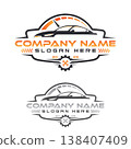 Modern automotive logo design featuring a sleek sports car silhouette with speedometer 138407409
