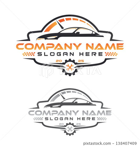 Modern automotive logo design featuring a sleek sports car silhouette with speedometer 138407409