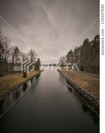 Narrow Banks Bordered By Pine And Birch Trees Under Heavy Clouds Narrow Banks Bordered By Pine And Birch Trees Under Heavy Clouds 138407686