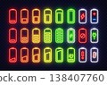 Large set of neon battery icons with charge levels and energy symbols. Colorful glowing indicators isolated on transparent background. 138407760