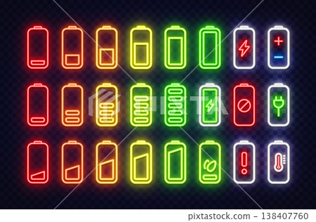 Large set of neon battery icons with charge levels and energy symbols. Colorful glowing indicators isolated on transparent background. 138407760