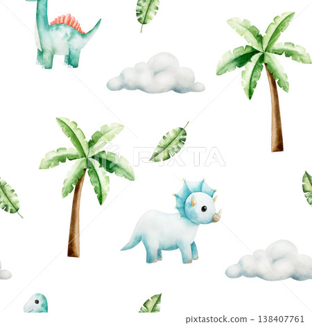 Seamless pattern with dinosaur in tropical leaves and palm tree. Watercolor hand drawn prehistoric diplodocus, Brachiosaurus animal, clouds. Isolated illustration on transparent background. Perfect 138407761