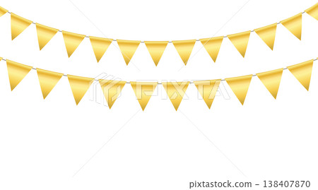 Golden triangle party bunting border. Gold festive flag garland. Birthday party bunting. Yellow flag ribbon chain. Carnival banner. Design element. Vector illustration isolated on white background 138407870
