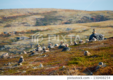stone mounds, pyramids of stones, colourful arctic carpet of moss, yagel, sunset, Tundra at autumn, tundra near the town of Teriberka in Russia, Murmansk region 138408254