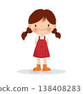 Adorable cartoon girl with pigtails wearing a red dress and orange shoes, smiling and standing on a light background. Perfect for childrens design, illustrations, prints, and educational materials 138408283