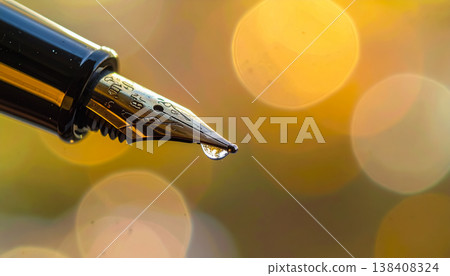 一滴墨水從鋼筆筆尖滴落 / 美麗的特寫鏡頭捕捉了創造力和轉瞬即逝的瞬間。 138408324