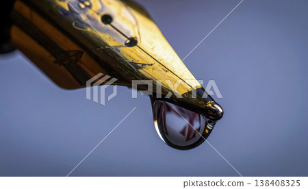 鋼筆筆尖滴著墨水 / 極具戲劇性的宏觀材質營造出深度和豐富感 138408325