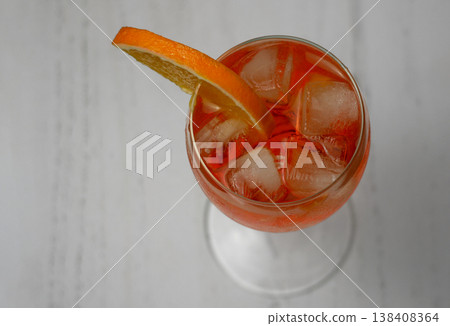 Top View Aperol Spritz Cocktail with Ice and Orange Slice 138408364