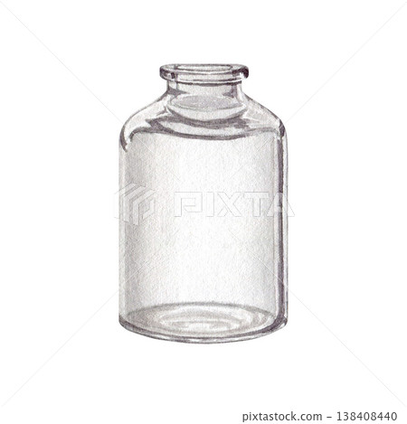 Watercolor clear glass bottle empty illustration isolated on white background. Hand drawn cosmetic jar without cap, blank product container for natural spa perfume and serum branding study. 138408440