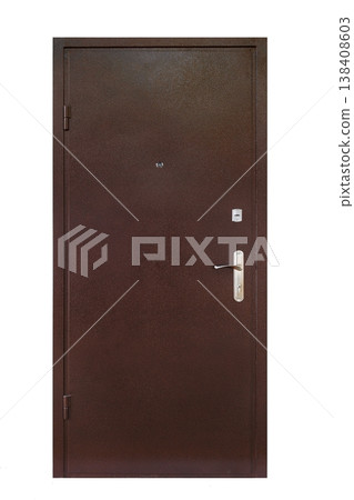 Closed security door isolated at white background. Image of a closed metal door. Entrance to apartment. Brown metal, steel front door with lock and handle. Modern Door design. Closed security door isolated at white background. Image of a closed metal door. Entrance to apartment. Brown metal, steel front door with lock and handle. Modern Door design. 138408603