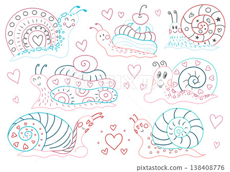 Cute cartoon snails with hearts and decorative shells 138408776