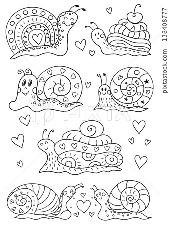 Cute cartoon snails with hearts and decorative shells 138408777