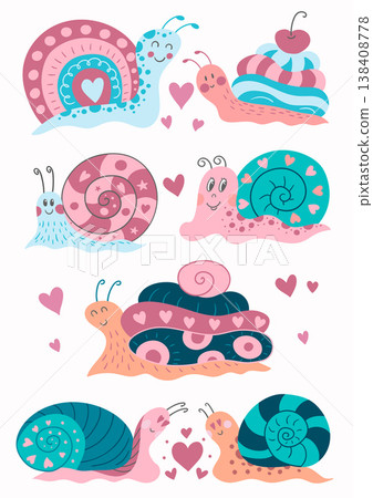Cute cartoon snails with hearts and decorative shells 138408778