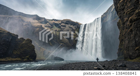 A colossal waterfall thunders down a sheer cliff face, creating mist and spray, with a person standing at the base enjoying the natural beauty A colossal waterfall thunders down a sheer cliff face, creating mist and spray, with a person standing at the base enjoying the natural beauty 138408841