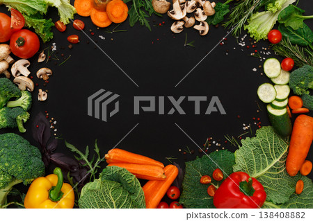 Healthy vegetarian food background. Frame of fresh organic vegetables on black. Healthy vegetarian food background. Frame of fresh organic vegetables on black. 138408882