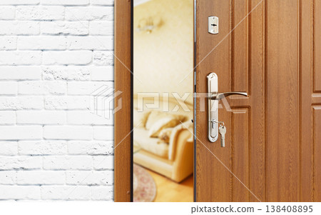 Half opened door to a living room. Door handle, door lock. Lounge door half open. Opening door. Welcome, privacy concept. Entrance to the room. Door at white brick wall, modern interior design. Half opened door to a living room. Door handle, door lock. Lounge door half open. Opening door. Welcome, privacy concept. Entrance to the room. Door at white brick wall, modern interior design. 138408895