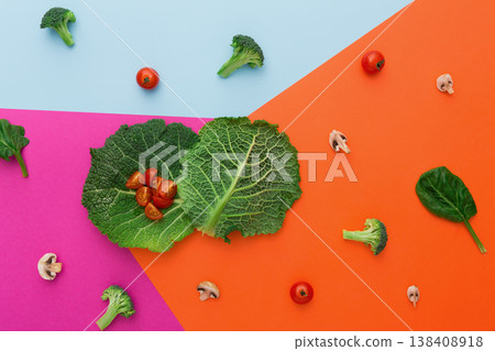 Diet, detox and healthy food concept - top view flat lay of fresh organic raw vegetables on abstract bright background. Ingredients for salad - broccoli, mushroom, carrot, cherry tomato, spinach Diet, detox and healthy food concept - top view flat lay of fresh organic raw vegetables on abstract bright background. Ingredients for salad - broccoli, mushroom, carrot, cherry tomato, spinach 138408918