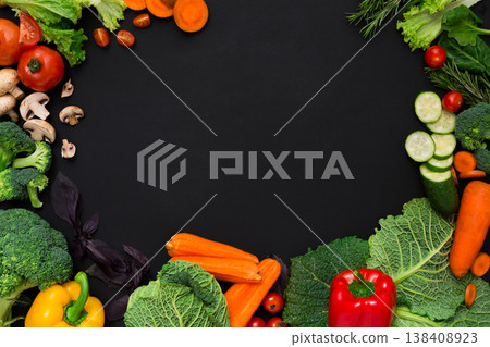 Healthy food background, fresh vegetables. Cooking ingredients for italian cuisine, top view on black, copy space Healthy food background, fresh vegetables. Cooking ingredients for italian cuisine, top view on black, copy space 138408923