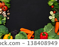 Healthy vegetarian food background. Frame of fresh organic vegetables on black, copy space 138408949