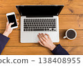 Top view businesswoman using laptop and mobile in office. Freelancer working with portable computer in coffee shop during the morning 138408955