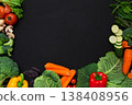 Healthy vegetarian food background. Frame of fresh organic vegetables on black, copy space 138408956