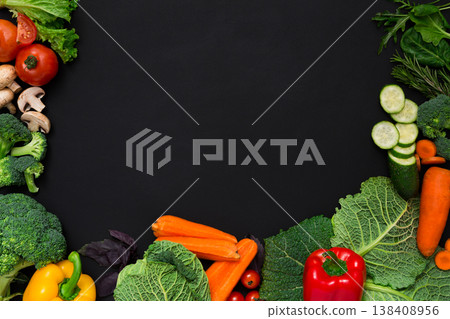 Healthy vegetarian food background. Frame of fresh organic vegetables on black, copy space 138408956