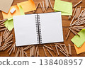 Top view of office table with stationery. Open sketchbook, color pencils and blank sticky notes to remember all ideas at wooden background, copy space, nobody, objects 138408957