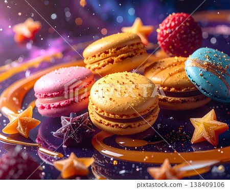 A mysterious dessert from outer space. Planet-shaped macarons, star-shaped fruit. 138409106