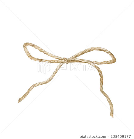 Watercolor illustration of a jute rope bow, isolated on white background. Hand painted brown twine ribbon, rustic decorative element for eco-friendly packaging, nature design and crafts study. Watercolor illustration of a jute rope bow, isolated on white background. Hand painted brown twine ribbon, rustic decorative element for eco-friendly packaging, nature design and crafts study. 138409177