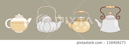 Cozy Artisan Teapots Set. Glass, Ceramic and Metal Kettle. Isolated Pottery and Kitchenware for Tea House Hand Drawn. Vector Illustration. Cozy Artisan Teapots Set. Glass, Ceramic and Metal Kettle. Isolated Pottery and Kitchenware for Tea House Hand Drawn. Vector Illustration. 138409271
