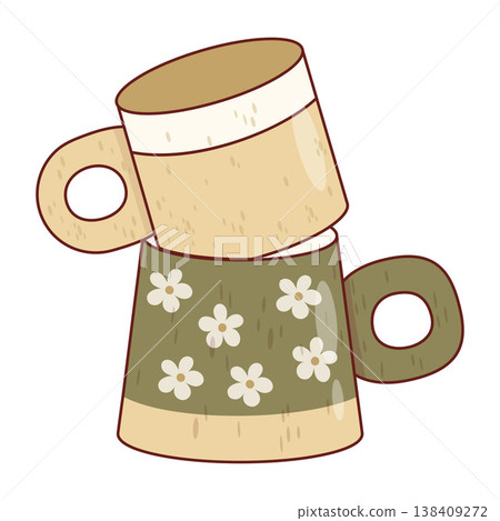 Stacked Craft Artisan Coffee Mugs. Hand Drawn Ceramic Cups with Daisy Pattern. Cozy Pottery Kitchenware for Morning Ritual and Cafe Branding. Vector Illustration. 138409272