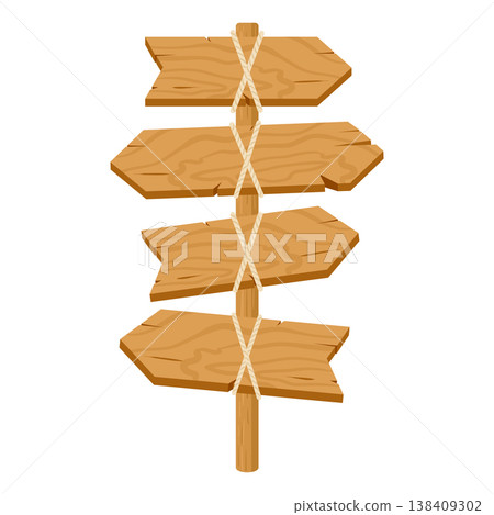 Arrow rustic sign board. Wooden pathfinding sign, direction sign border flat vector illustration. Wood sign board isolated on white background Arrow rustic sign board. Wooden pathfinding sign, direction sign border flat vector illustration. Wood sign board isolated on white background 138409302