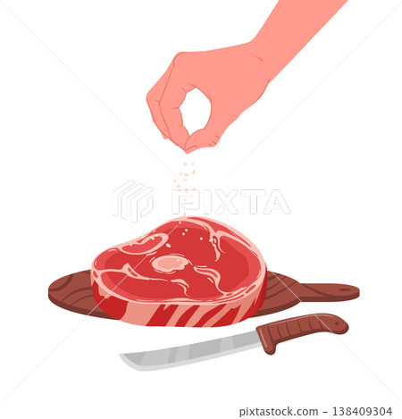 Beef steak seasoning. Hand salting meat steak, delicious red meat product, meat steak salting process flat vector illustration. Cartoon meat slice cooking on white background Beef steak seasoning. Hand salting meat steak, delicious red meat product, meat steak salting process flat vector illustration. Cartoon meat slice cooking on white background 138409304