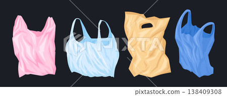 Cartoon plastic bags. Used crushed plastic bags for recycling, ecology problem plastic garbage pollution flat vector illustration set. Disposable plastic bags isolated on white Cartoon plastic bags. Used crushed plastic bags for recycling, ecology problem plastic garbage pollution flat vector illustration set. Disposable plastic bags isolated on white 138409308