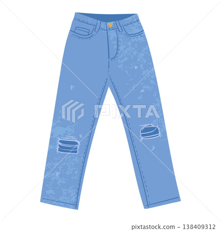Denim pants. Cartoon blue jeans, casual denim fabric garments flat vector illustration. Jeans fabric pants on white background Denim pants. Cartoon blue jeans, casual denim fabric garments flat vector illustration. Jeans fabric pants on white background 138409312