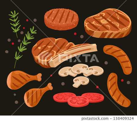 Roasted bbq meat. Barbecue party grilled steak, sausages, chicken legs and vegetable flat vector illustration set. Cartoon isolated BBQ picnic food Roasted bbq meat. Barbecue party grilled steak, sausages, chicken legs and vegetable flat vector illustration set. Cartoon isolated BBQ picnic food 138409324