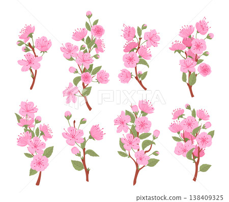 Spring blooming pink sakura tree. Japanese cherry branches, sakura buds and flowers flat vector illustration set. Cute fragrant blooming branches on white Spring blooming pink sakura tree. Japanese cherry branches, sakura buds and flowers flat vector illustration set. Cute fragrant blooming branches on white 138409325