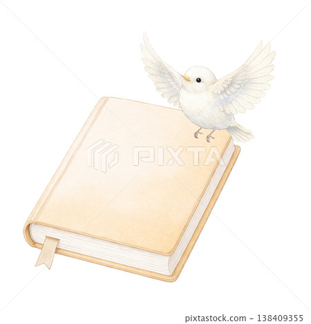 一本米色的書和一隻白色的小鳥：水彩插畫。自然柔和的學習材料，採用可愛的手繪風格設計。 138409355