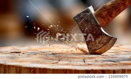 Sharp Axe Chipping Wood Fragments on a Tree Stump in Motion 138409975